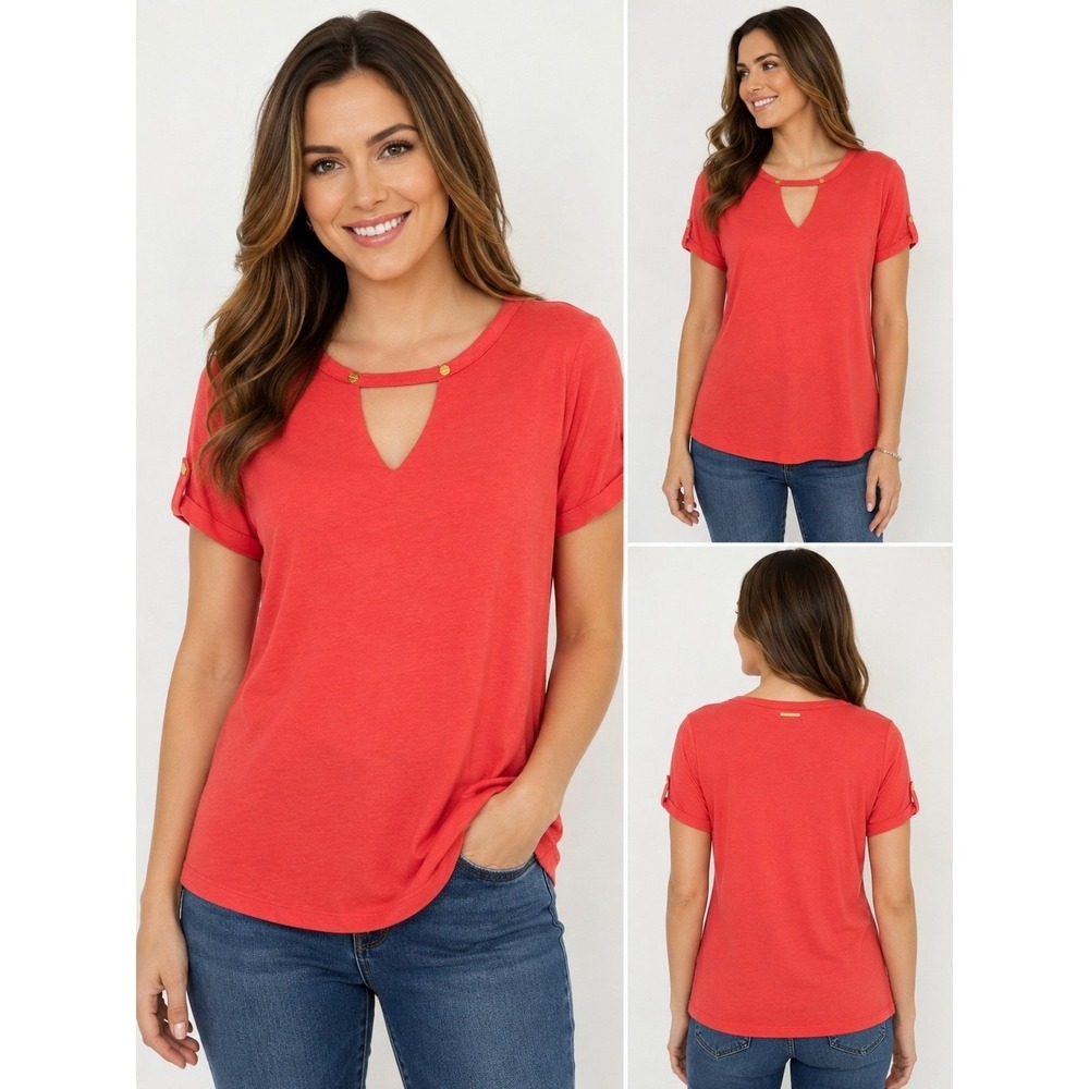 Michael Kors Women's Medium Coral Keyhole Top Gold Logo Short Sleeve Knit Shirt